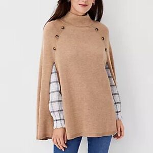 Linda Anderson Button-Side Knit Cape‎ Sweater Poncho – Camel Brown – One Size